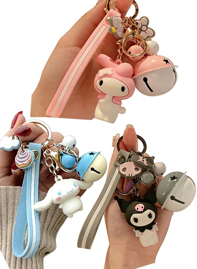 Happy D 3-piece wristband anime bell keychain, cute car keychain accessory, ladies' key pouch handbag charm - Image 1